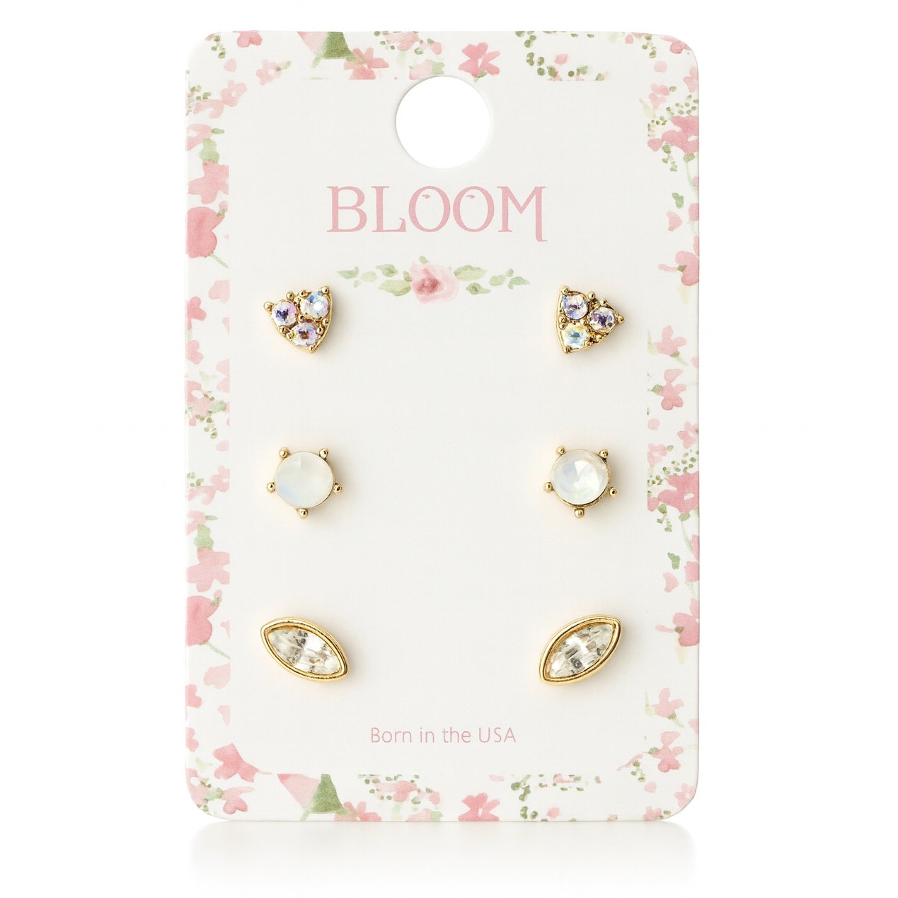Bloom Earring Set Gold Tone Simulated Diamonds Gemstones & Mother-Of-Pearl 3 Pc